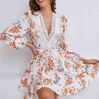 Women Lace Stitching Print Dress - Thumbnail 2