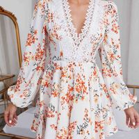 Women Lace Stitching Print Dress - Thumbnail 3