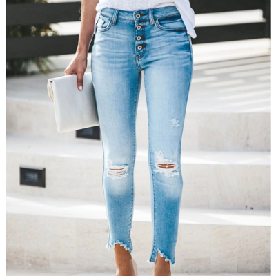 Elasticity Hole Hip Lift Denim Trousers