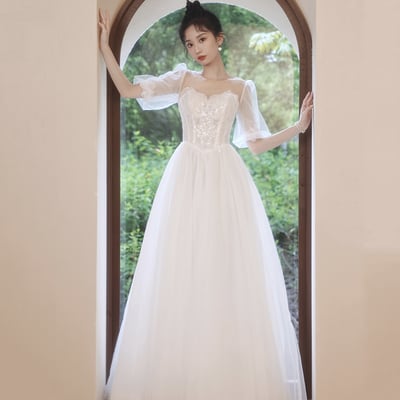 White tulle lace long a line prom dress evening dress - Thumbnail 3