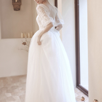 White tulle lace long A line prom dress evening dress - Thumbnail 2