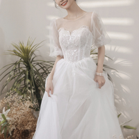 White tulle lace long A line prom dress evening dress - Thumbnail 3