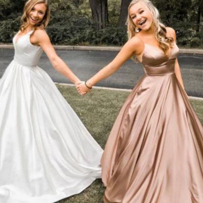 Simple a line v neck satin long prom dress - Thumbnail 3