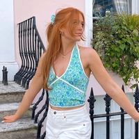 Cute Sexy Floral Halter Patchwork Knit Tank Crop Top Vintage Beach Aesthetic Casual Summer E-Girl Kawaii Korean Japanese Harajuku Stree - Thumbnail 3