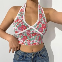 Cute Sexy Floral Halter Patchwork Knit Tank Crop Top Vintage Beach Aesthetic Casual Summer E-Girl Kawaii Korean Japanese Harajuku Stree - Thumbnail 4