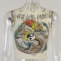 Cute Dragon Ying Yang Print Lace Tank Crop Top Off Shoulder Punk  Aesthetic Casual Summer E-Girl Kawaii Korean Japanese Haraju - Thumbnail 4