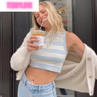 Cute Vintage Mint Green Pastel Stripe Knit Crop Top Sleeveless Tank Aesthetic Casual Summer E-Girl Kawaii Korean Japanese Haraju - Thumbnail 3