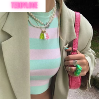 Cute Vintage Mint Green Pastel Stripe Knit Crop Top Sleeveless Tank Aesthetic Casual Summer E-Girl Kawaii Korean Japanese Haraju - Thumbnail 2