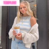 Cute Vintage Mint Green Pastel Stripe Knit Crop Top Sleeveless Tank Aesthetic Casual Summer E-Girl Kawaii Korean Japanese Haraju - Thumbnail 4