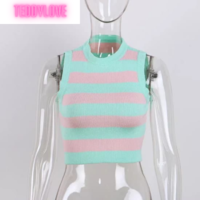 Cute Vintage Mint Green Pastel Stripe Knit Crop Top Sleeveless Tank Aesthetic Casual Summer E-Girl Kawaii Korean Japanese Haraju - Thumbnail 5