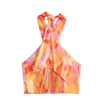 Cute Sexy Orange Vintage Retro Halter Crossover Straps Tank Crop Top Sleeveless Shirt Aesthetic Casual Summer E-Girl Kawaii Korean Japanese Haraju - Thumbnail 5