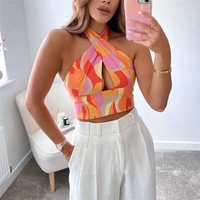 Cute Sexy Orange Vintage Retro Halter Crossover Straps Tank Crop Top Sleeveless Shirt Aesthetic Casual Summer E-Girl Kawaii Korean Japanese Haraju - Thumbnail 1