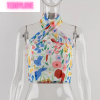 Cute Sexy Floral Print Halter Neck Tank Crop Top Backless Sleeveless Shirt Beach Aesthetic Casual Summer E-Girl Kawaii Korean Japanese Haraju - Thumbnail 4