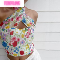 Cute Sexy Floral Print Halter Neck Tank Crop Top Backless Sleeveless Shirt Beach Aesthetic Casual Summer E-Girl Kawaii Korean Japanese Haraju - Thumbnail 3