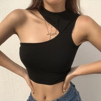 Cute Sexy Black Off Shoulder Crop Top Sleeveless Shirt Tank Cami Aesthetic Casual Summer E-Girl Kawaii Korean Japanese Haraju - Thumbnail 2