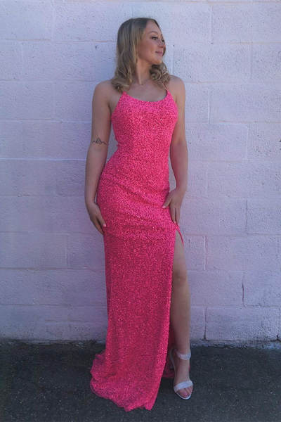 Charming Mermaid Scoop Neck Hot Pink Sequins Long Prom Evening Dresses with Slit
