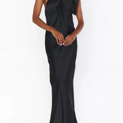 Simple sheath halter backless black silk satin long evening dresses bridesmaid party dresses