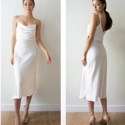 Simple cowl neck sheath white tea length party dresses bridesmaid party dresses
