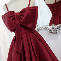 Burgundy satin long A line prom dress formal dress - Thumbnail 1