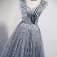 Gray tulle long A line prom dress evening dress - Thumbnail 1