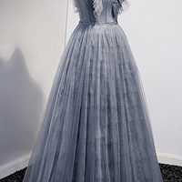 Gray tulle long A line prom dress evening dress - Thumbnail 3