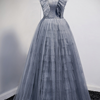 Gray tulle long A line prom dress evening dress - Thumbnail 5