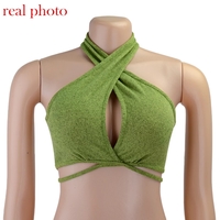 Cute Sexy Chic Green Bandage Halter Crop Top Sleeveless Shirt Party Club Aesthetic Casual Summer E-Girl Kawaii Korean Japanese Haraju - Thumbnail 5