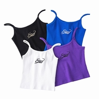 Cute Sexy Solid Letter Embroidery Ribbed Crop Top Tank Sleeveless Shirt Vest Aesthetic Casual Summer E-Girl Kawaii Korean Japanese Haraju - Thumbnail 1