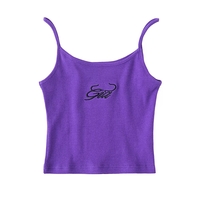 Cute Sexy Solid Letter Embroidery Ribbed Crop Top Tank Sleeveless Shirt Vest Aesthetic Casual Summer E-Girl Kawaii Korean Japanese Haraju - Thumbnail 3