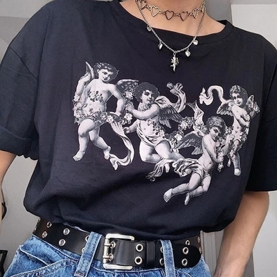 Cute 90s angel art cartoon print short sleeve t-shirt vintage punk aesthetic casual summer e-girl kawaii korean japanese haraju - Thumbnail 5