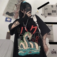 Cute Black Dragon Anime Cartoon Print Oversize Loose Short Sleeve T-shirt Aesthetic Casual Summer E-Girl Kawaii Korean Japanese Harajuku Street - Thumbnail 1
