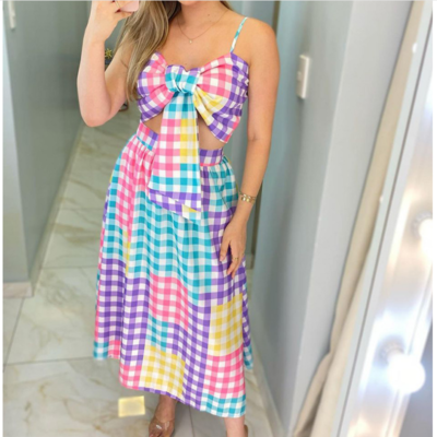 Fashion sling check sleeveless two-piece set