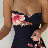 Floral Print Stitching Lace Sling Dress - Thumbnail 2