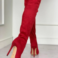 Red Suede Pointed Toe Sexy High Heels Long Boots - Thumbnail 4
