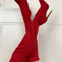 Red Suede Pointed Toe Sexy High Heels Long Boots - Thumbnail 3