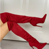 Red Suede Pointed Toe Sexy High Heels Long Boots - Thumbnail 2