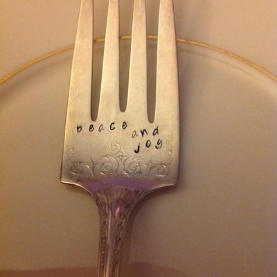 Peace and joy handstamped serving fork