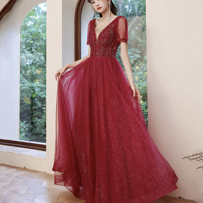 Burgundy tulle beads long a line prom dress evening dress - Thumbnail 2