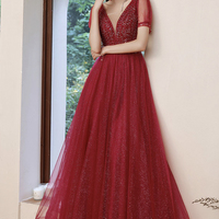 Burgundy tulle beads long A line prom dress evening dress - Thumbnail 1