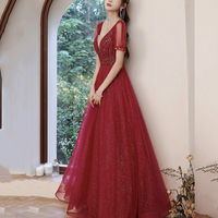 Burgundy tulle beads long A line prom dress evening dress - Thumbnail 3