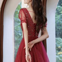 Burgundy tulle beads long A line prom dress evening dress - Thumbnail 5