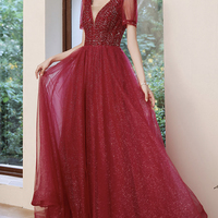 Burgundy tulle beads long A line prom dress evening dress - Thumbnail 7