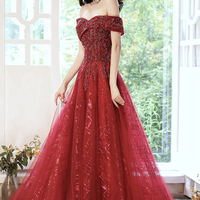 Burgundy tulle beads long A line prom dress evening dress - Thumbnail 2