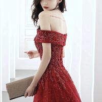 Burgundy tulle beads long A line prom dress evening dress - Thumbnail 3