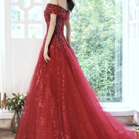 Burgundy tulle beads long A line prom dress evening dress - Thumbnail 4