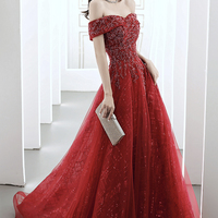 Burgundy tulle beads long A line prom dress evening dress - Thumbnail 6