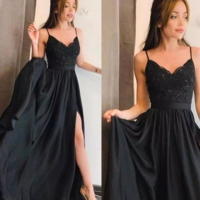 V Neck Spaghetti Straps Black Satin Long Prom Dress with Split - Thumbnail 2