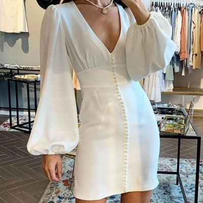 Long sleeve deep v neck mini evening dress - Thumbnail 3