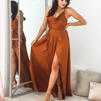 A line slit side cowl neck long prom dresses for women - Thumbnail 5