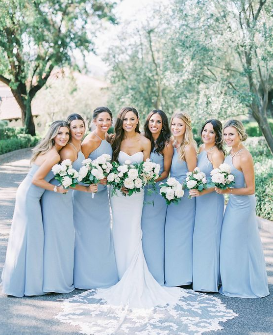 Simple A-Line Halter Sky Blue Chiffon Bridesmaid Dresses